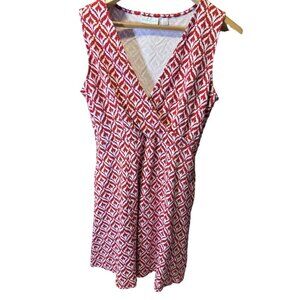 New York & Company Red and White Geometric Pattern Sleeveless Deep V-Neck Dress